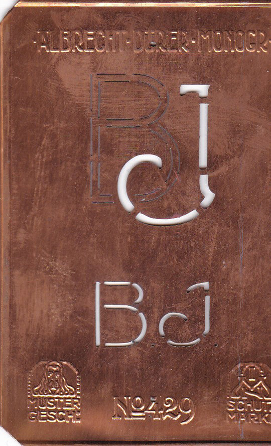 BJ - Monogramm Schablone aus Kupferblech aus dem Jugendstil