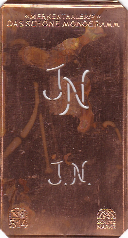 www.knopfparade.de - JN - Alte kleine Monogrammschablone zum Sticken