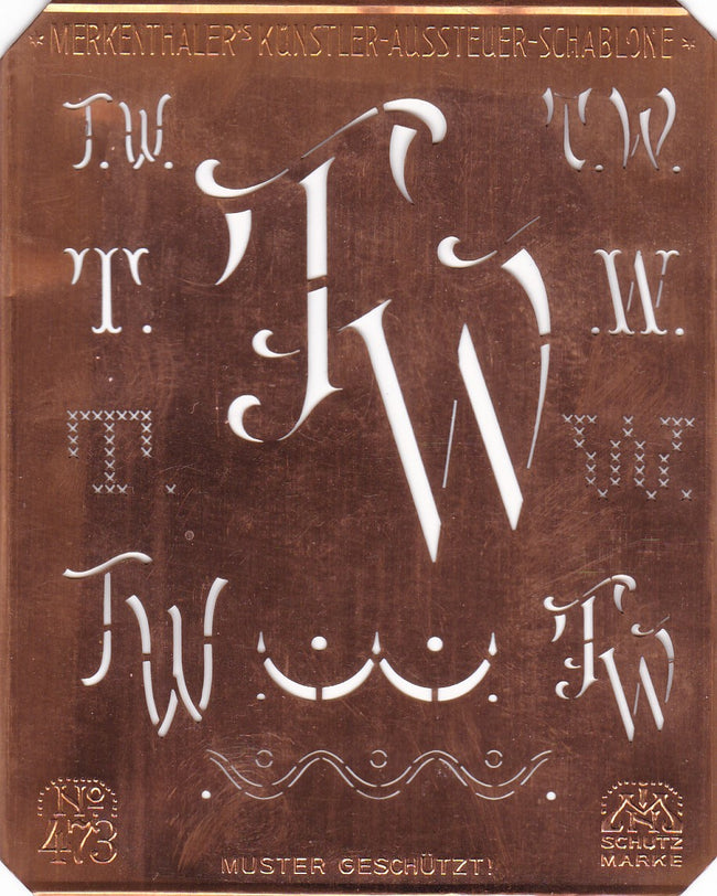 TW - Alte Kupferschablone mit 7 verschiedenen Monogrammen