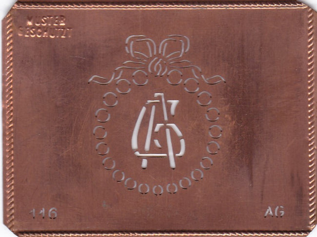 AG - Hübsche Jugendstil Kupfer Monogramm Schablone - Rarität nicht nur zum Sticken