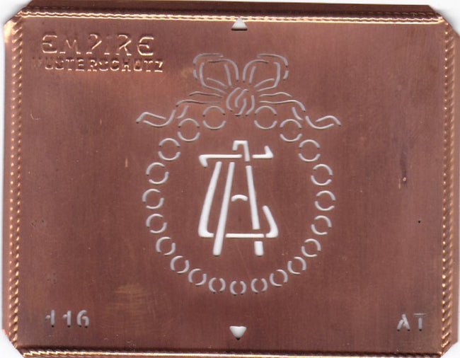AT - Hübsche Jugendstil Kupfer Monogramm Schablone - Rarität nicht nur zum Sticken