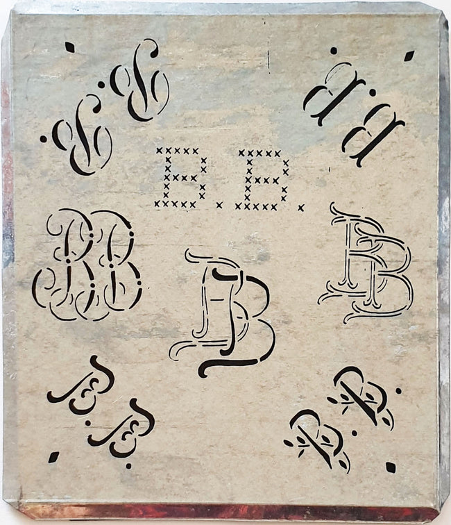 BB - Alte Monogrammschablone aus Zink-Blech mit 8 Variationen