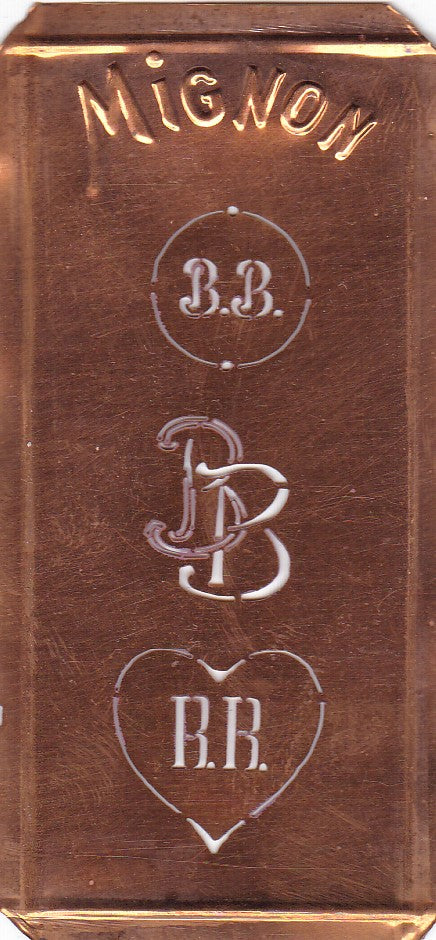 BB - Hübsche alte Kupfer Schablone mit 3 Monogramm-Ausführungen