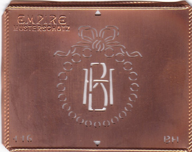BH - Hübsche Jugendstil Kupfer Monogramm Schablone - Rarität nicht nur zum Sticken