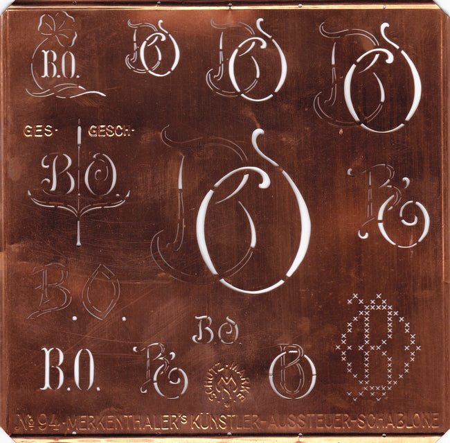 BO - Sehr große und dekorative Kupfer Schablone mit 13 Monogrammvariationen