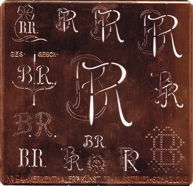 BR - Sehr große und dekorative Kupfer Schablone mit 13 Monogrammvariationen