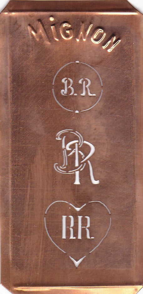 BR - Hübsche alte Kupfer Schablone mit 3 Monogramm-Ausführungen