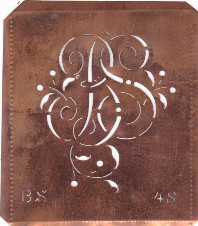 BS - Alte Schablone aus Kupferblech mit klassischem verschlungenem Monogramm