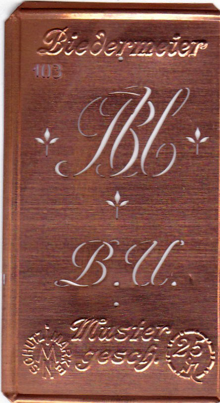www.knopfparadies.de - BU - Alte Stickschablone mit 2 zarten Monogrammen