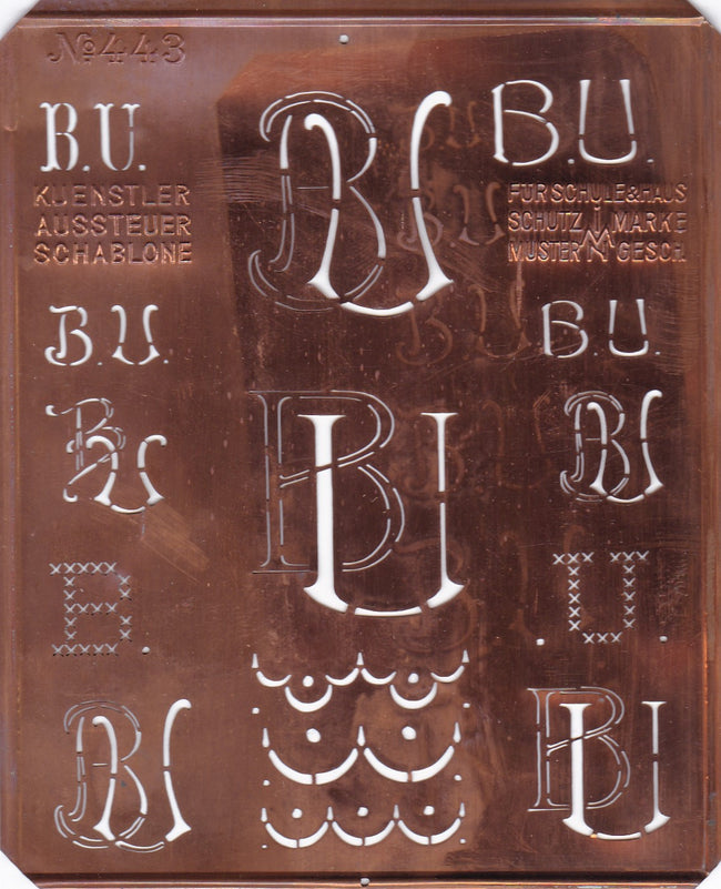 BU - Uralte Monogrammschablone aus Kupferblech