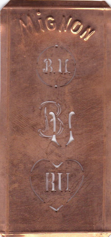 BU - Hübsche alte Kupfer Schablone mit 3 Monogramm-Ausführungen