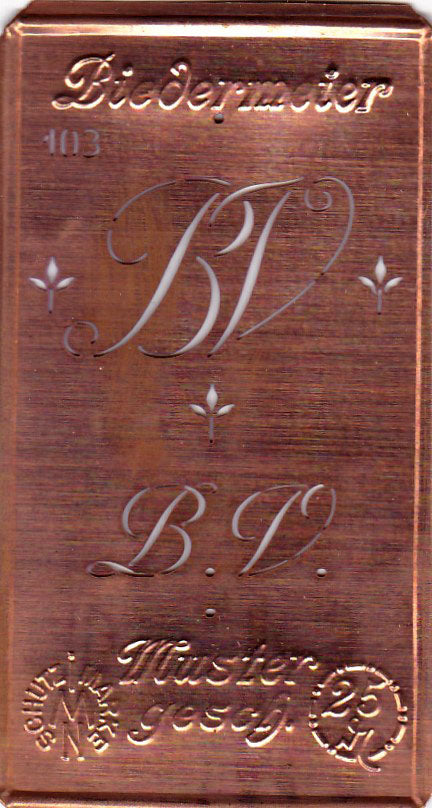 www.knopfparadies.de - BV - Alte Stickschablone mit 2 zarten Monogrammen