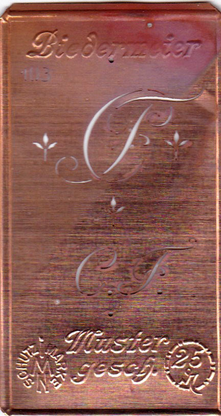 www.knopfparadies.de - CF - Alte Stickschablone mit 2 zarten Monogrammen