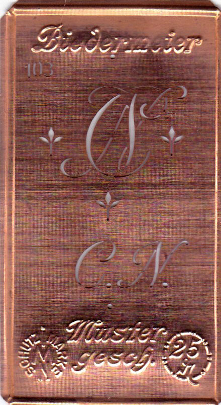 www.knopfparadies.de - CN - Alte Stickschablone mit 2 zarten Monogrammen