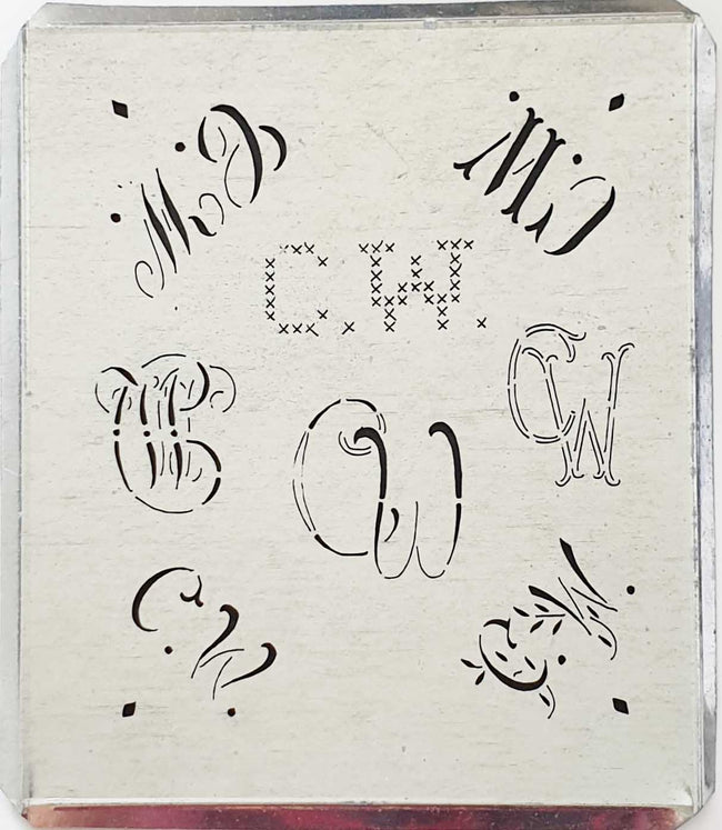 CW - Alte Monogrammschablone aus Zink-Blech mit 8 Variationen