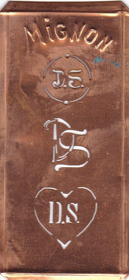 DS - Hübsche alte Kupfer Schablone mit 3 Monogramm-Ausführungen