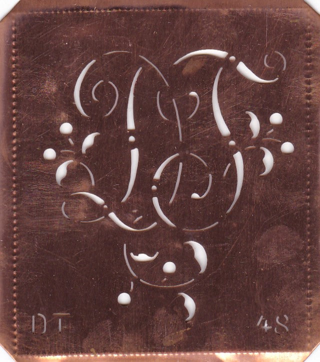 DT - Alte Schablone aus Kupferblech mit klassischem verschlungenem Monogramm