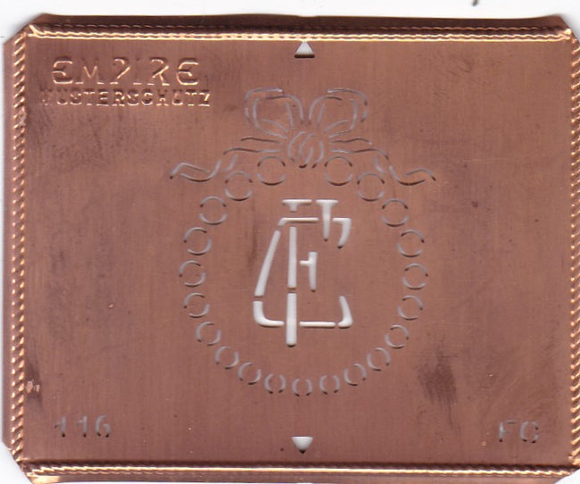FC - Hübsche Jugendstil Kupfer Monogramm Schablone - Rarität nicht nur zum Sticken