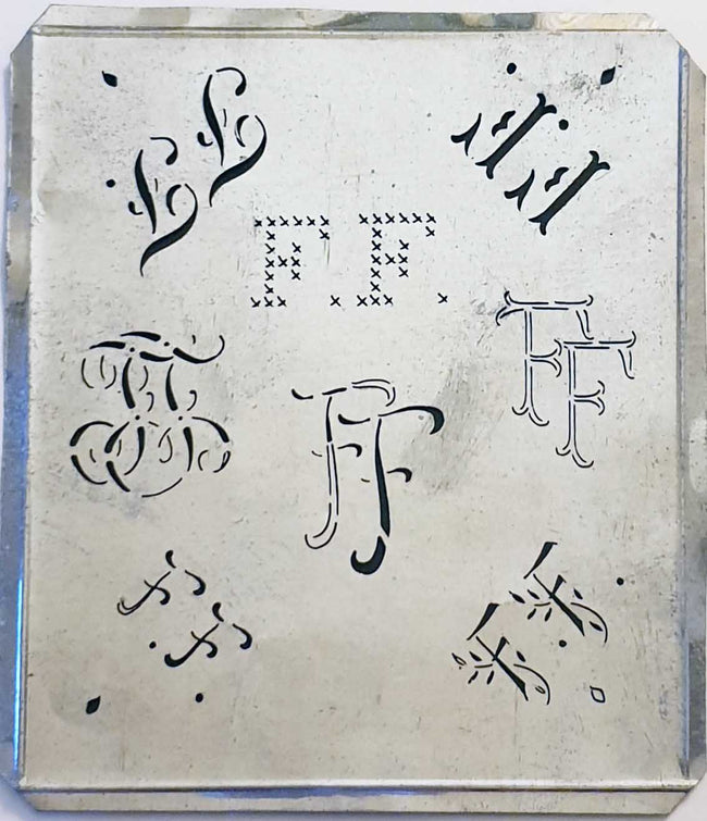 FF - Alte Monogrammschablone aus Zink-Blech mit 8 Variationen