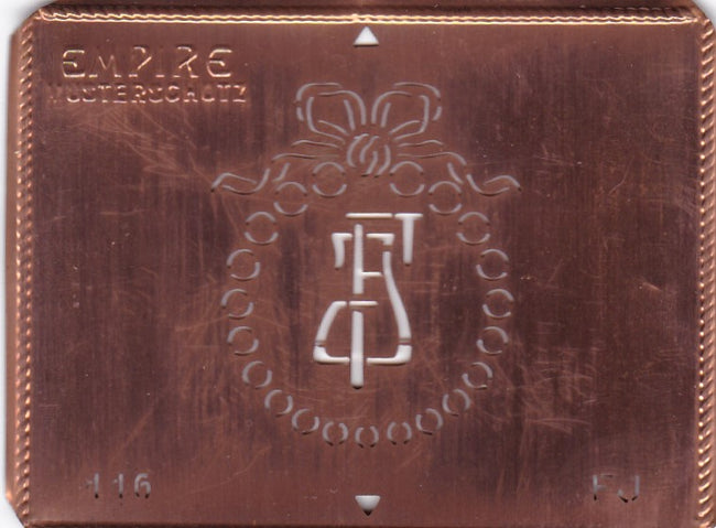 FJ - Hübsche Jugendstil Kupfer Monogramm Schablone - Rarität nicht nur zum Sticken