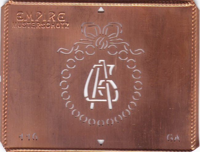 GA - Hübsche Jugendstil Kupfer Monogramm Schablone - Rarität nicht nur zum Sticken