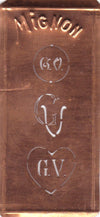 GV - Hübsche alte Kupfer Schablone mit 3 Monogramm-Ausführungen