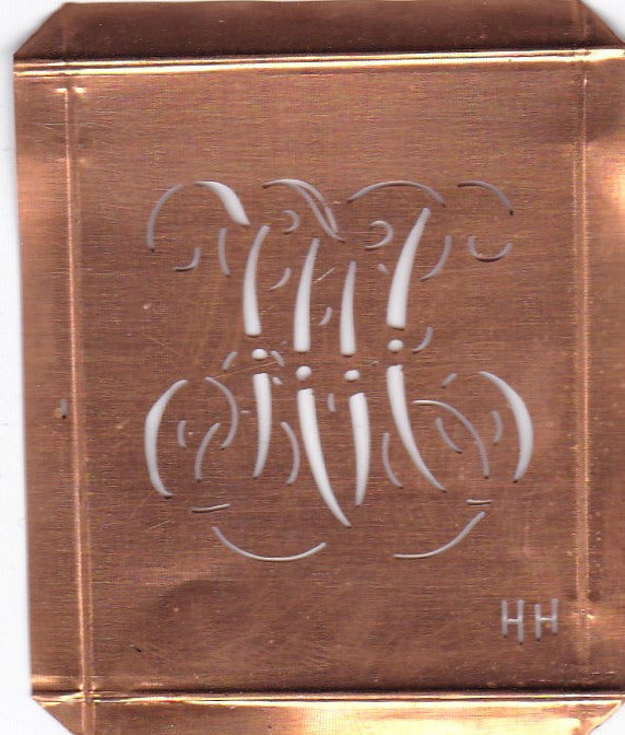HH - Hübsche alte Kupfer Schablone mit 3 Monogramm-Ausführungen