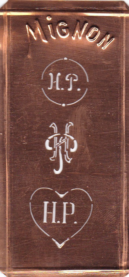 HP - Hübsche alte Kupfer Schablone mit 3 Monogramm-Ausführungen