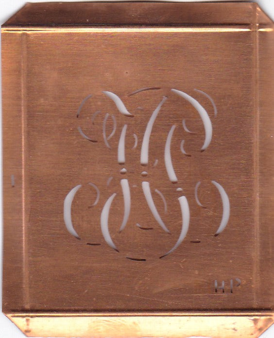 HP - Hübsche alte Kupfer Schablone mit 3 Monogramm-Ausführungen