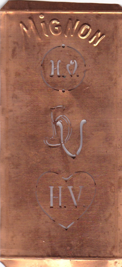 HV - Hübsche alte Kupfer Schablone mit 3 Monogramm-Ausführungen