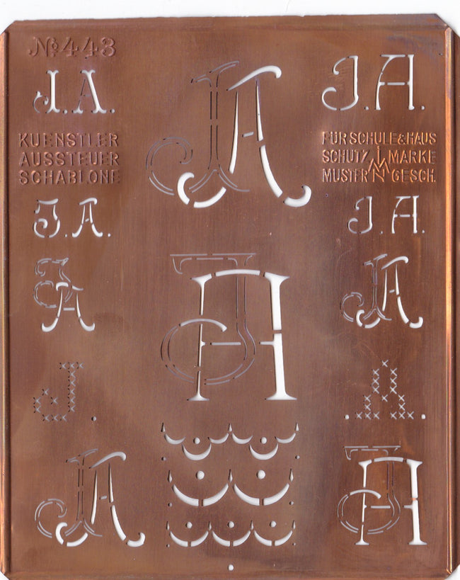 JA - Uralte Monogrammschablone aus Kupferblech