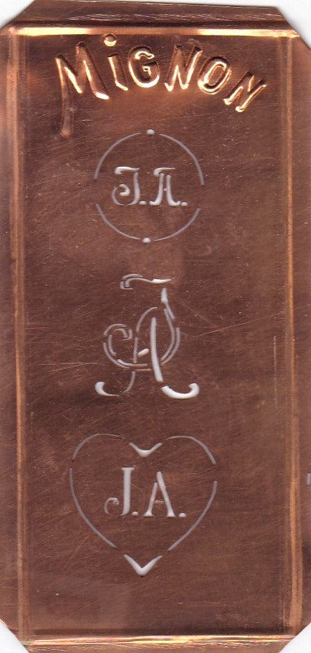 JA - Hübsche alte Kupfer Schablone mit 3 Monogramm-Ausführungen