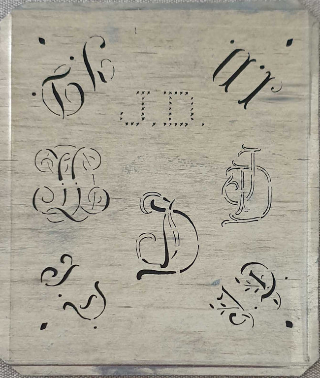 JD - Alte Monogrammschablone aus Zink-Blech - 8 Variationen