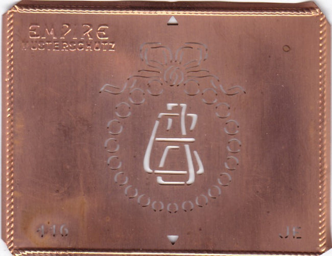 JE - Hübsche Jugendstil Kupfer Monogramm Schablone - Rarität nicht nur zum Sticken