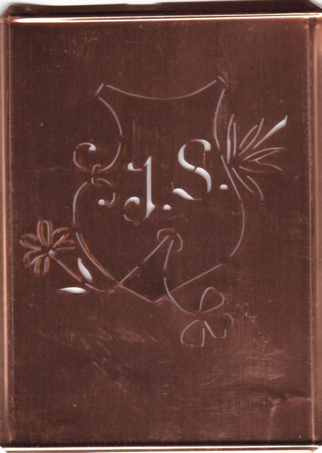 JS - Seltene Stickvorlage - Uralte Wäscheschablone mit Wappen - Medaillon
