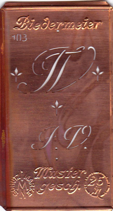 www.knopfparadies.de - JV - Alte Stickschablone mit 2 zarten Monogrammen