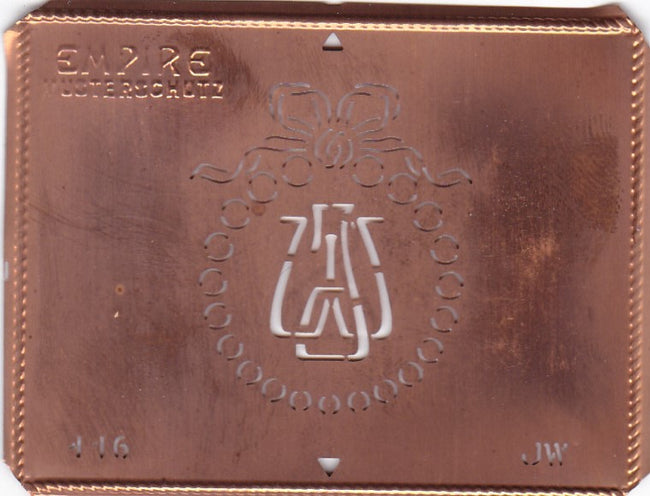 JW - Hübsche Jugendstil Kupfer Monogramm Schablone - Rarität nicht nur zum Sticken