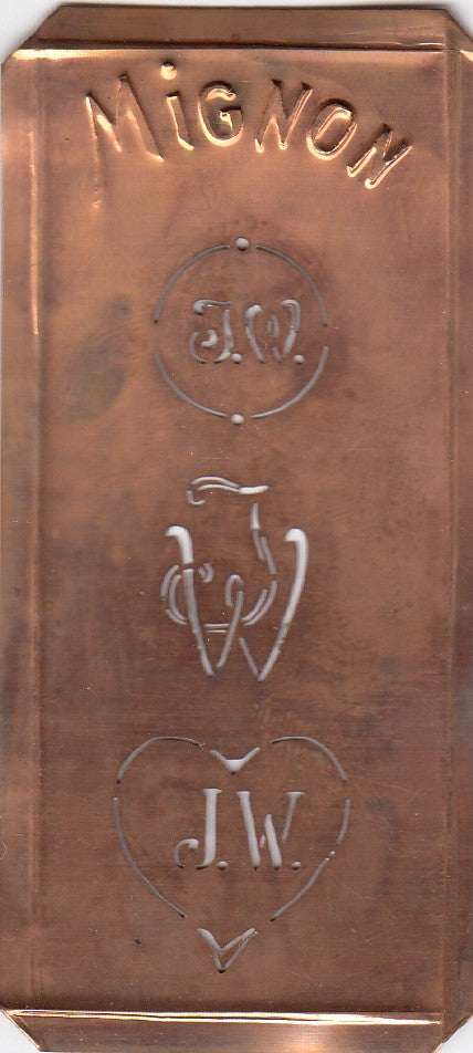 JW - Hübsche alte Kupfer Schablone mit 3 Monogramm-Ausführungen