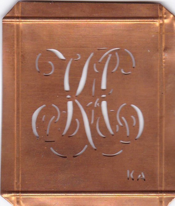 KA - Hübsche alte Kupfer Schablone mit 3 Monogramm-Ausführungen