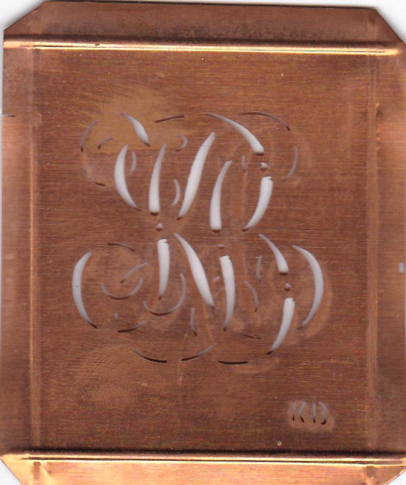 KB - Hübsche alte Kupfer Schablone mit 3 Monogramm-Ausführungen