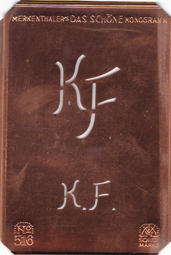 KF - Alte, sachlich designte Monogrammschablone zum Sticken