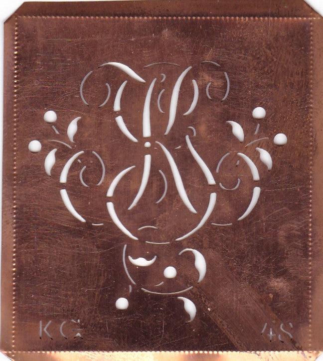 KG - Alte Schablone aus Kupferblech mit klassischem verschlungenem Monogramm 