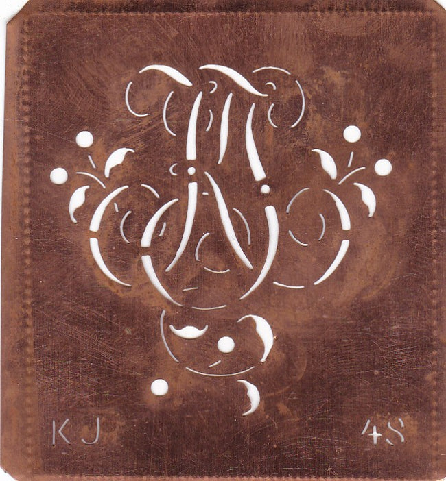 KJ - Alte Schablone aus Kupferblech mit klassischem verschlungenem Monogramm
