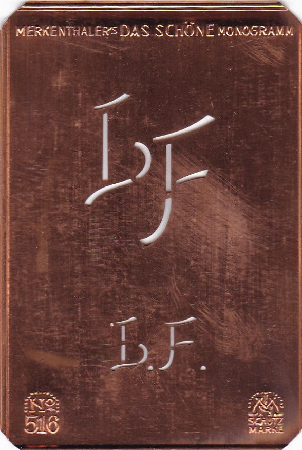 LF - Alte, sachlich designte Monogrammschablone zum Sticken