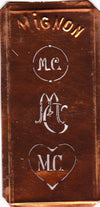 MC - Hübsche alte Kupfer Schablone mit 3 Monogramm-Ausführungen