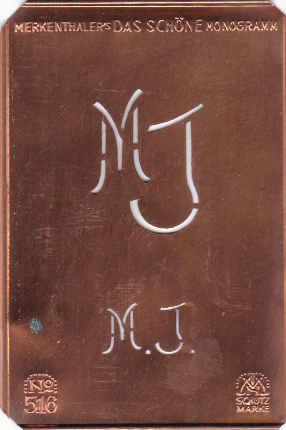 MJ - Alte sachlich designte Monogrammschablone zum Sticken