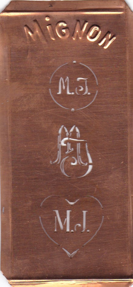 MJ - Hübsche alte Kupfer Schablone mit 3 Monogramm-Ausführungen