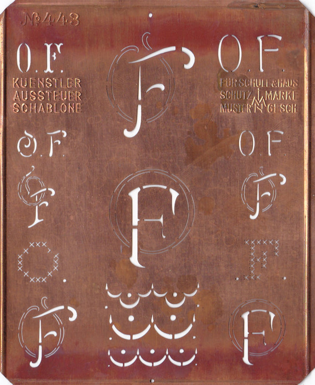 OF - Uralte Monogrammschablone aus Kupferblech