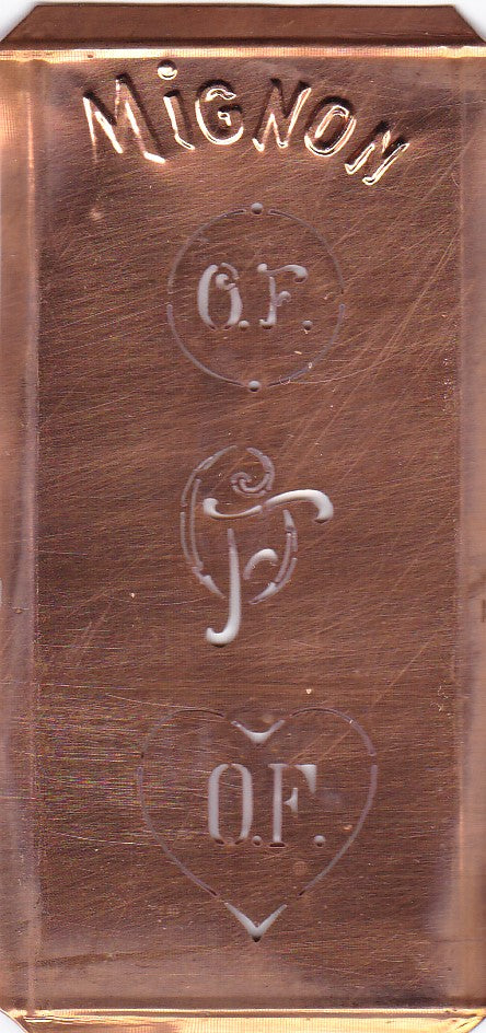 OF - Hübsche alte Kupfer Schablone mit 3 Monogramm-Ausführungen