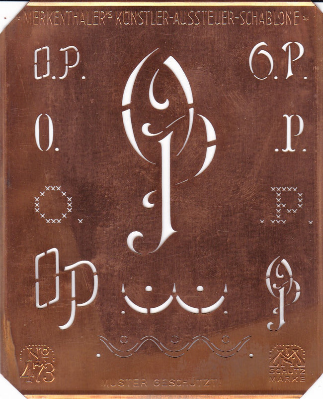 OP - Alte Kupferschablone mit 7 verschiedenen Monogrammen